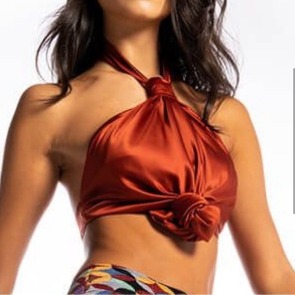 Upscale Shiny Satin Copper Tie Front Apron Halter Top - Picture 1 of 14
